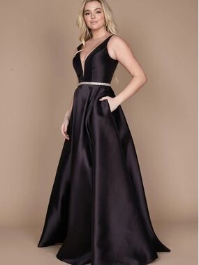 Black Deep V-Neck Satin Ball Gown with Rhinestone Waist